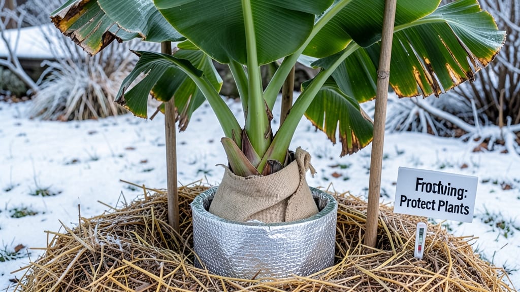Banana Plant Winter Protection: Layered Mulch Shield Against Freezing Temperatures